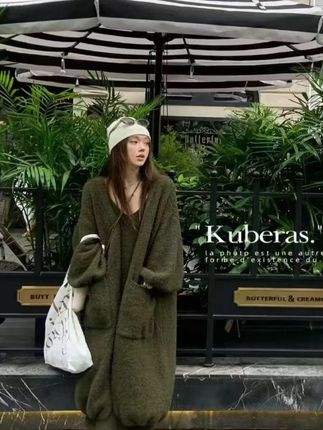 灯笼袖长款开衫女2025秋冬新款宽松百搭慵懒风针织毛衣外套#慵懒风 #宽松版型 #百搭 #显瘦穿搭 #毛茸茸