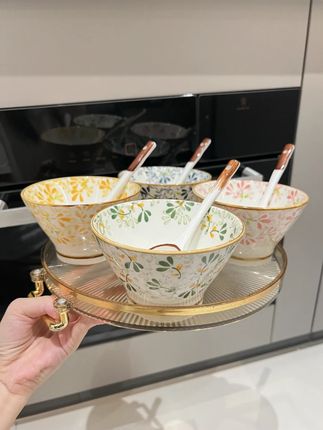 四季繁花5英寸斗笠碗四碗四勺八件套 家用餐具陶瓷釉下彩米饭碗#家用餐具 #陶瓷碗勺 #餐具套装 #生活好物 #四季繁花