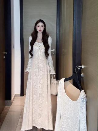 镂空设计纯欲法式长袖连衣裙女秋新款修身A字裙子长裙短裙00229#连衣裙 #镂空设计纯欲 #修身A字裙子