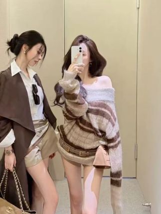 一字肩翻领毛衣条纹针织衫女秋季马海毛慵懒穿搭修身长袖上衣0566#穿出高级感 #今天穿什么 #时髦精 #轻奢女装 #上衣