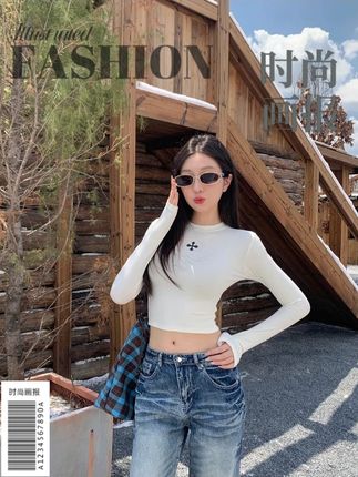 美式复古印花十字架正肩圆领ins风秋季辣妹短款露脐显瘦上衣 #今日穿搭 #健身女孩穿搭 #穿衣显瘦 #辣妹穿搭 #早秋穿搭