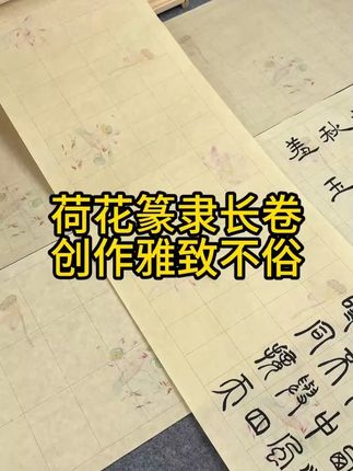 温柔脱俗的荷花格子长卷太适合书写篆隶书法了! 长方形格子书写便利,花色还很美!#书法 #篆隶