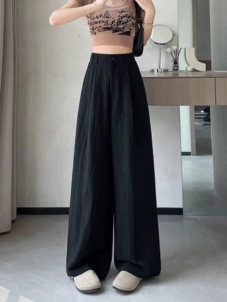 2025天丝亚麻西装裤女夏季薄款冰丝阔腿裤高腰显瘦宽松直筒拖地裤#夏季穿搭 #高级感穿搭 #简约大气 #显高显瘦显腿长 #面料柔软舒适