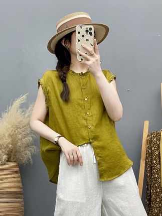 【亚麻系】夏季新款100纯亚麻纯色飞飞袖衬衫圆领上衣小众女装洋气#夏季新款 #谁穿谁好看 #穿出自己的风格 #品质女装 #显瘦遮肉