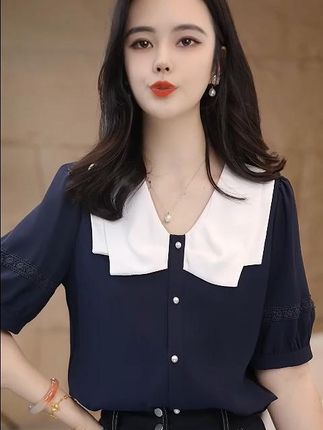 藏青色短袖衬衫女夏季设计感小众气质宽松洋气 #显瘦穿搭 #穿出高级感 #时尚女装 #显瘦遮肉 #穿的美美哒