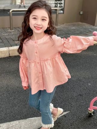 #女童秋装 时尚洋气#长袖衬衫 #女童甜美可爱上衣 #女童上衣 #女童衣服 上衣蝙蝠袖娃娃衫春秋中小童纯色上衣