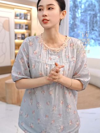 秋鹿春夏新款双层纱印花圆领五分袖九分裤女套印花宽松中袖时尚