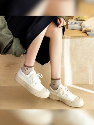 浅飞袜子女春款百搭短筒袜可爱笑脸精梳棉白色时尚透气吸汗低帮袜#袜子 #四季袜 #透气舒适 #运动袜 #棉袜