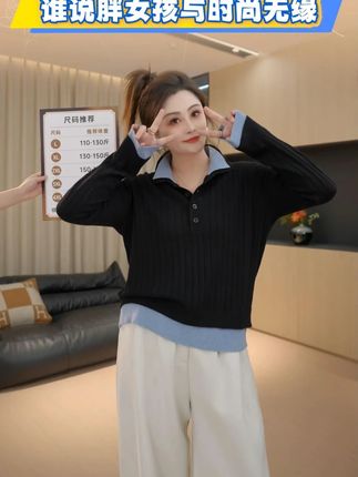 【胖佳佳】拼色叠叠乐 假两件长袖毛衣秋季时尚显瘦 #遮肉显瘦 #通勤搭配 #显白才高级 #搭配技巧 #大码搭配