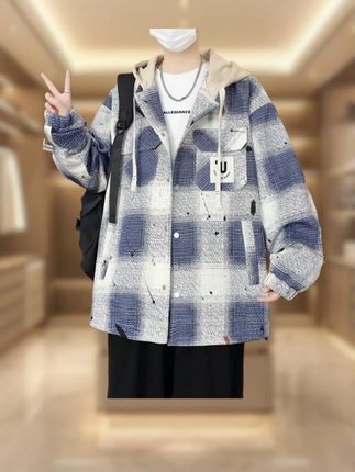 青少年学生连帽男夹克2025秋季新款港风潮流宽松休闲帅气格子 #男士夹克 #夹克外套 #衬衫外套 #男士衬衫 #连帽外套