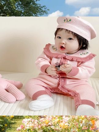 婴儿衣服春秋连体毛衣女宝宝满月公主服可爱粉色网红针织爬服套装 #儿童玩具 #儿童好物 #母婴好物