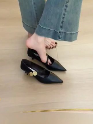 SGL-1639-12尖头金属扣一字带高跟鞋2025低跟法式通勤黑色单鞋女