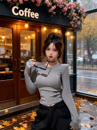 2025早秋新款韩系设计感后背网纱拼接修身显瘦百搭圆领打底衫 #早秋穿搭 #百搭上衣 #打底衫 #秋季穿搭 #秋季上新