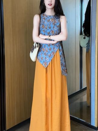 夏季清爽蓝色碎花设计感系带无袖背心上衣+高腰垂感阔腿裤套装#套装 #港风复古 #气质穿搭 #小众设计感