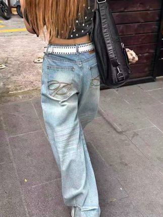 【破价+运险】美式复古刺绣牛仔裤女新款设计感宽松高腰直筒阔腿裤#慵懒风穿搭#阔腿#秋季上新#显瘦穿搭#面料柔软舒适