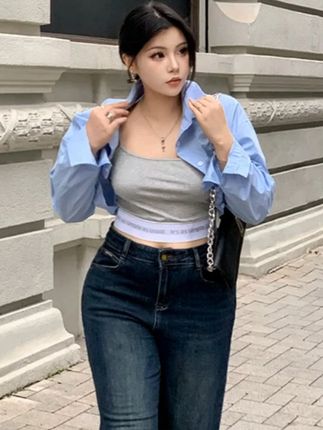 【天空琉璃】小众设计假两件短款衬衫 好辣妹的一款!#今日穿搭 #辣妹穿搭 #性感可爱 #微胖穿搭 #大胆穿