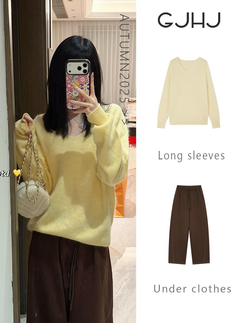 秋日温柔感公式|奶黄毛衣 + 棕调阔腿裤。#奶黄色毛衣#棕色阔腿裤 #GJHJ #简约风穿搭 #拉毛毛衣