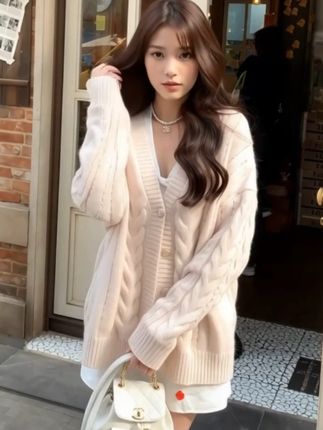 慵懒风粉色V领麻花毛衣外套女春秋2025新款宽松减龄针织开衫 #ootd穿搭 #甜系女孩 #温柔风 #高级感