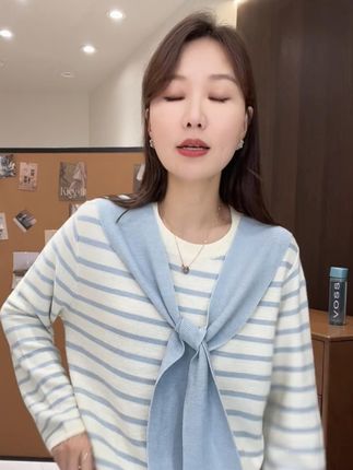 IMFLY金小金自制女装 针织衫DYW9782早秋学院风韩系披肩条纹上衣#针织衫DYW #针织衫穿搭 #针织衫毛衣