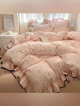#四件套推荐 #床上四件套 #家纺床上用品 #四件套 #床单 少女心粉色美蒂水洗棉四件套花边被套床单人宿舍三件套
