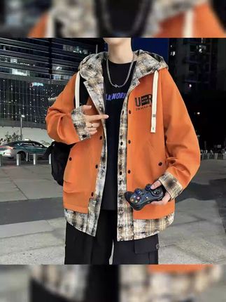 男士外套潮牌假两件春秋季连帽休闲宽松痞帅夹克青少年学生上衣服#男士外套 #春秋季夹克 #假两件 #连帽休闲 #痞帅夹克