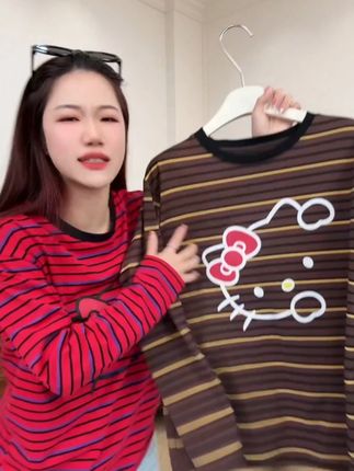 秋季新品韩版韩货卡通Kitty猫条纹圆领宽松长袖T恤大码上衣女 #秋季穿搭 #韩系穿搭 #宽松版型 #大码女装 #穿出自己的风格