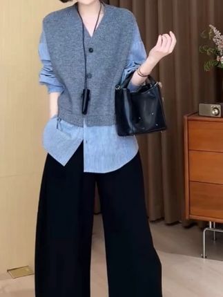 独特设计感假两件针织拼接衬衫女秋季新款小众撞色长袖显瘦上衣#高级感穿搭 #谁穿谁好看系列 #显瘦遮肉 #洋气减龄 #时尚百搭