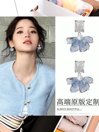 甜美蓝色水晶花朵耳钉女纯银精致无耳洞耳夹高级耳饰超仙珍珠耳环  #网红爆款饰品 #饰品搭配 #时尚饰品