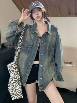 潮牌复古蓝做旧破洞牛仔外套女春秋季韩版设计感宽松休闲夹克上衣#牛仔外套 #女生穿搭 #显瘦穿搭 #宽松版型 #韩系穿搭