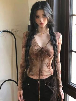 V领晕染领口系带交叉拼接褶皱长袖网纱上衣 9465##显瘦穿搭 #谁穿谁好看系列 #好看的衣服都在这里 #今天穿什么 #遮肉显瘦