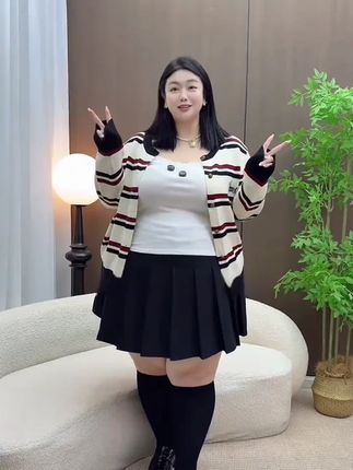 大码女装秋冬新款圆领撞色条纹感针织开衫百搭韩版长袖上衣5166#秋冬开衫 #大码女装 #撞色针织衫 #韩版上衣 #百搭开衫