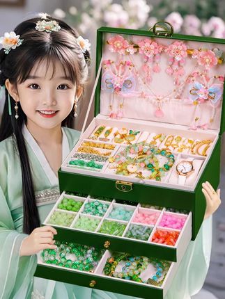 儿童diy串珠发饰国风头饰发夹发簪礼盒套装手链项链穿珠子女孩子生日礼物手工制作儿童玩具