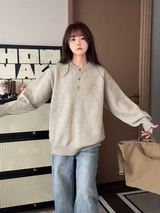 美式纯色亨利领毛衣男秋季新款潮牌高级感针织衫休闲宽松情侣外套 #休闲减龄穿搭 #帅气穿搭 #潮流男装