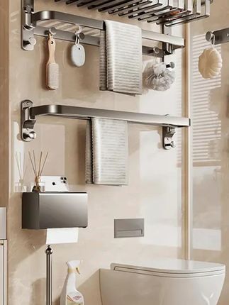 免打孔洗澡壁挂式浴室洗澡间家用置物灰色太空铝双层浴巾架加固#置物架 #置物架推荐 #壁挂式置物架 #双层置物架 #壁挂式置物架