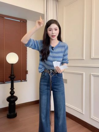 条纹毛衣镂空韩版洋气百搭新款时尚圆领上衣女薄款针织衫套头秋衣 #显高显瘦显腿长 #百搭裤子 #品质女装 #通勤搭配 #搭配技巧