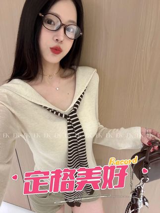 学院风海军领桑蚕丝羊毛针织衫女早秋新款条纹披肩假两件上衣 学院风海军领桑蚕丝羊毛针织衫女早秋新款条纹披肩假两件上衣 #显瘦 #女装 #推荐 #热门 #好看的衣服都在这里