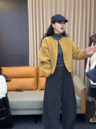 韩版圆领格子拼接长袖夹棉外套女2025秋季新款宽松显瘦百搭棉服潮 #韩系穿搭 #ootd穿搭 #显瘦遮肉 #时髦精 #早秋穿搭