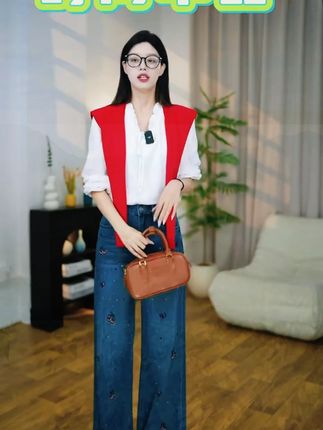 深蓝刺绣樱桃烫钻秋季女牛仔裤梨型身材筒喇裤设计感时尚甜辣风#秋季牛仔裤 #甜辣风穿搭 #梨型身材裤子 #筒喇裤 #时尚女装