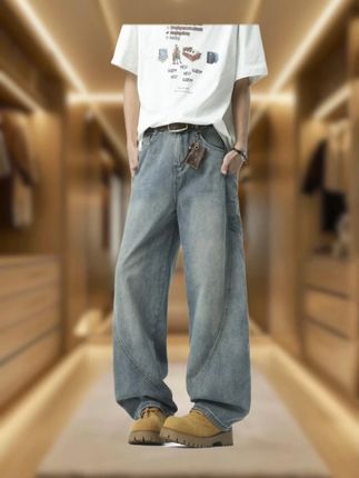 重磅水洗缉明线弯刀宽松大码牛仔裤男女同款裤子 #宽松牛仔裤 #男士弯刀裤 #男士牛仔裤 #男士长裤 #男装