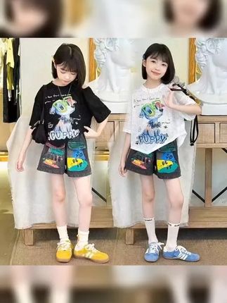 儿童露肩短袖T恤|中大童露肩T恤|潮酷炸街女童装|儿童潮酷牛 #潮酷穿搭 #每日童装穿搭分享 #酷女孩穿搭 #生女儿就要这样穿 #潮童必备 女童装夏季时髦洋气t套装中大儿童女孩露肩T恤时尚牛仔短裤两件套
