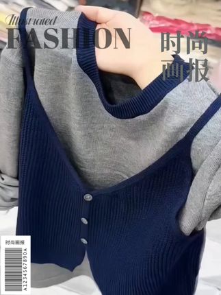 韩版时尚百搭日常针织假两件女25早秋拼接气质长袖宽松显瘦上衣 #韩版假两件 #休闲穿搭