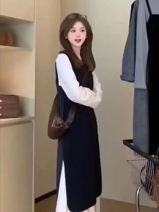 初秋新款女装宽松显瘦长袖中长款韩版简约气质风拼接连衣裙高级感