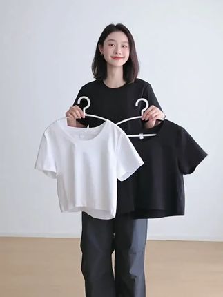 正肩短款t恤女款纯色短袖休闲高腰显瘦体恤网红百搭大U领上衣夏季#夏季穿搭 #正肩短款T恤 #纯色上衣 #高腰显瘦 #百搭时尚