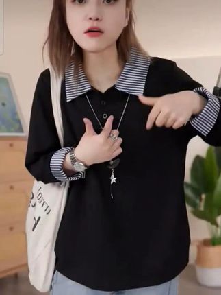大码女装胖mm秋装休闲宽松遮肚子衬衫领拼接卫衣上衣#秋季新款 #秋季新款宽松舒适新款上新# 洋气减龄 #舒适百搭