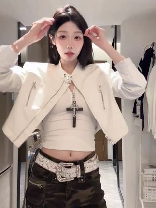 外套女复古短款皮衣款气质高级感机车服休闲夹克白色长袖上衣 #短款外套 #秋季主打简单干净氛围感 #夹克外套 #辣妹穿搭 #早秋姐感穿搭气质顶满