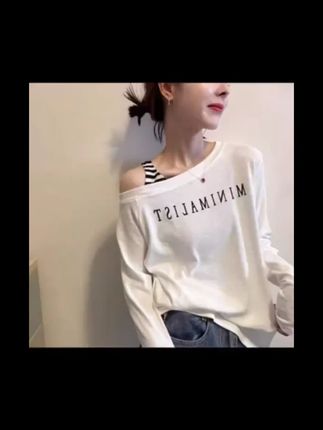 斜领露肩长袖T恤女2025秋季款韩版时尚休闲字母印花洋气百搭上衣 #面料细腻