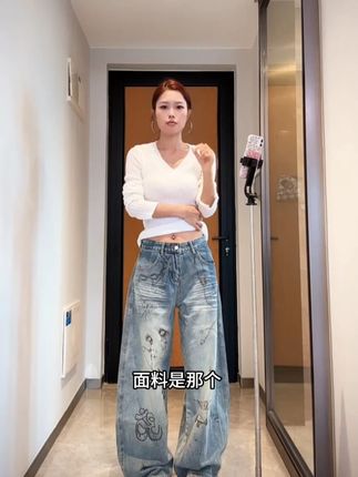 美式复古趣味涂鸦水洗做旧牛仔裤秋季新款女休闲百搭宽松阔腿裤子#ootd穿搭 #显高显瘦显腿长 #百搭神裤 #牛仔裤 #高级穿搭