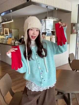 温柔风小众长袖毛衣开衫女秋季韩系宽松蓝绿色上衣外搭针织衫外套#显瘦穿搭#显瘦遮肉#简约搭配#显瘦#时髦精