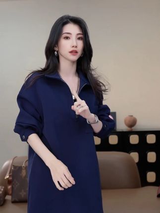 时尚藏蓝卫衣半拉链高领放;卫衣单口袋百搭款F99089 #卫衣穿搭