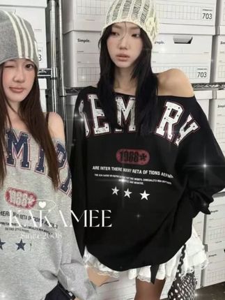 美式复古字母长袖卫衣女2025早秋新品斜肩大版宽松显瘦卫衣上衣潮#搭配分享 #舒适 #舒适百搭 #高级感穿搭